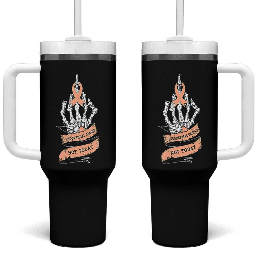 Funny Endometrial Cancer Skeleton Not Today Tumbler With Handle Fighter Peach Ribbon