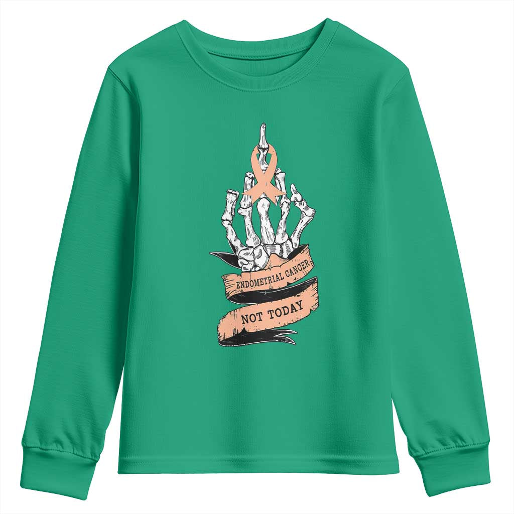 Funny Endometrial Cancer Skeleton Not Today Youth Sweatshirt Fighter Peach Ribbon
