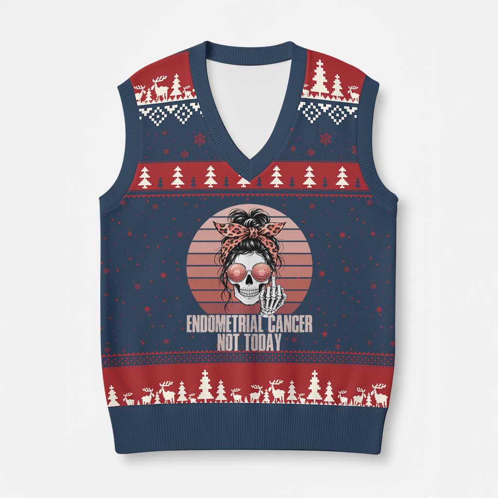 Vintage Endometrial Cancer Not Today V-Neck Knit Sweater Vest Skeleton Warrior Fighter