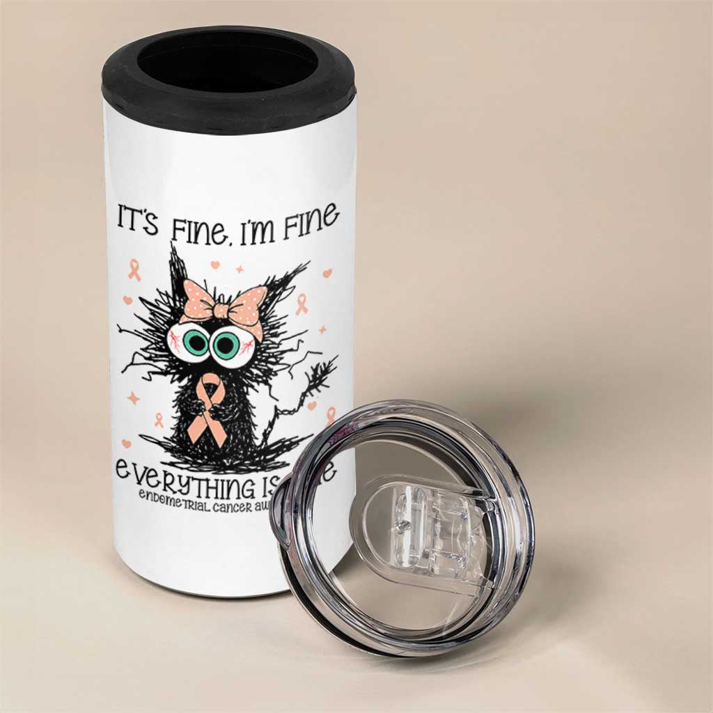 Funny Black Cat Endometrial Cancer Awareness 4 in 1 Can Cooler Tumbler Its Fine Im Fine Everything Is Fine
