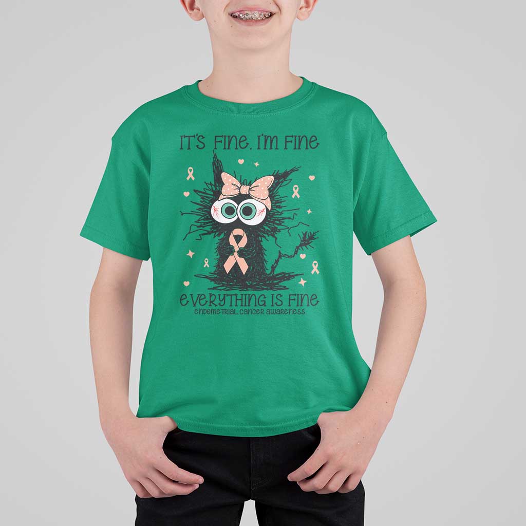 Funny Black Cat Endometrial Cancer Awareness T Shirt For Kid Its Fine Im Fine Everything Is Fine