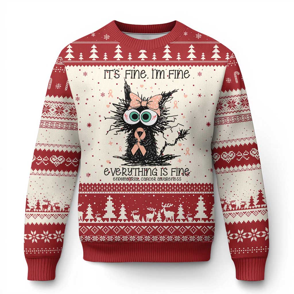 Funny Black Cat Endometrial Cancer Awareness Ugly Christmas Sweater Its Fine Im Fine Everything Is Fine