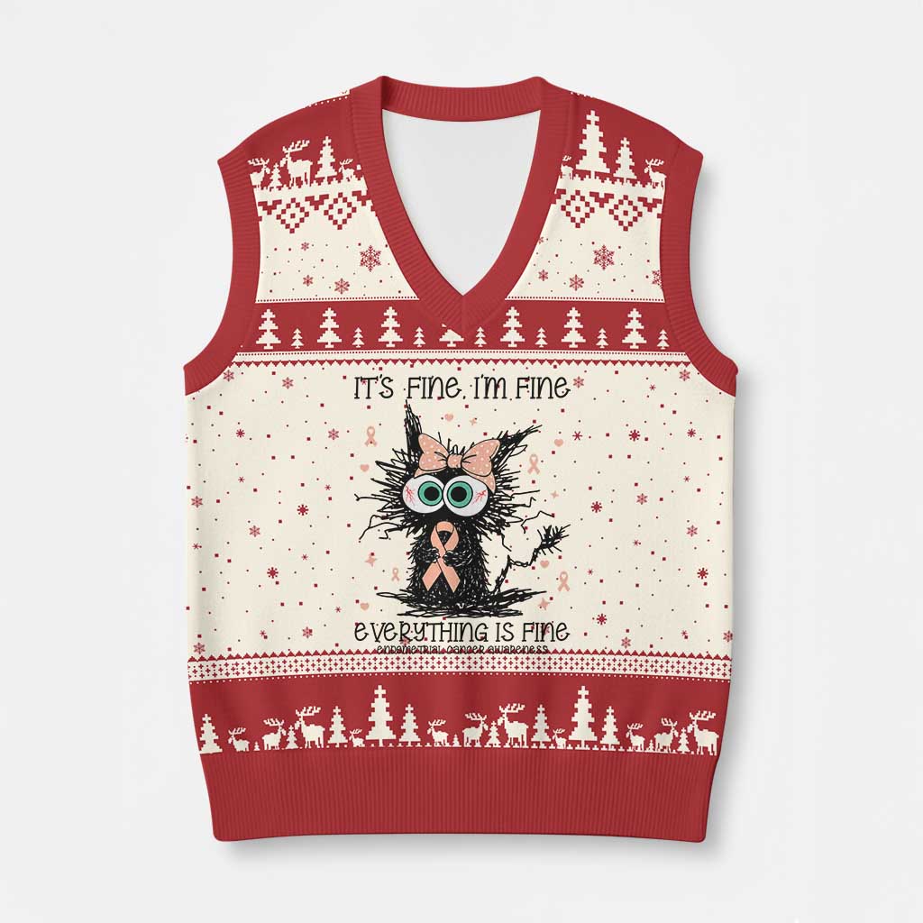 Funny Black Cat Endometrial Cancer Awareness V-Neck Knit Sweater Vest Its Fine Im Fine Everything Is Fine