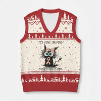 Funny Black Cat Endometrial Cancer Awareness V-Neck Knit Sweater Vest Its Fine Im Fine Everything Is Fine