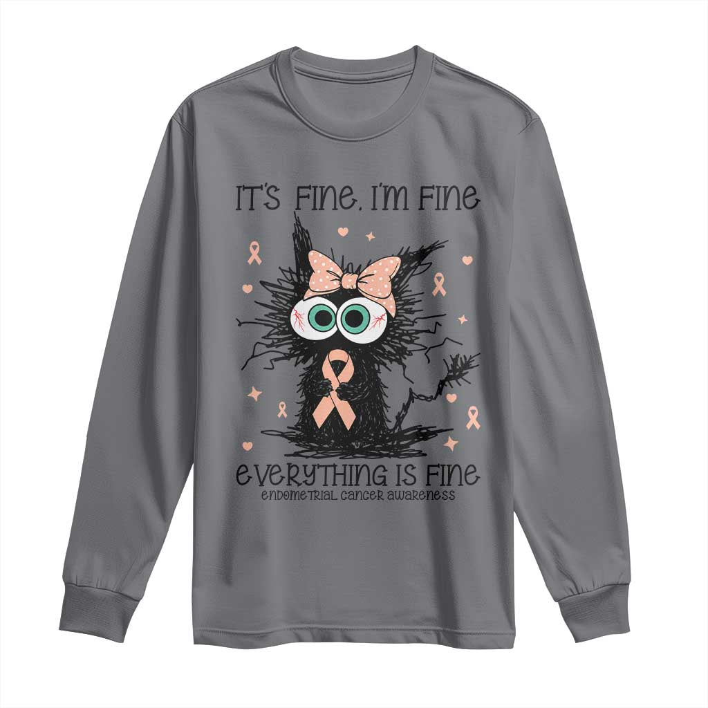 Funny Black Cat Endometrial Cancer Awareness Long Sleeve Shirt Its Fine Im Fine Everything Is Fine