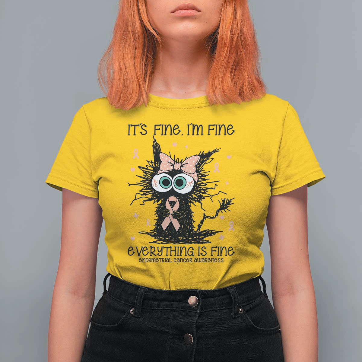 Funny Black Cat Endometrial Cancer Awareness T Shirt For Women Its Fine Im Fine Everything Is Fine