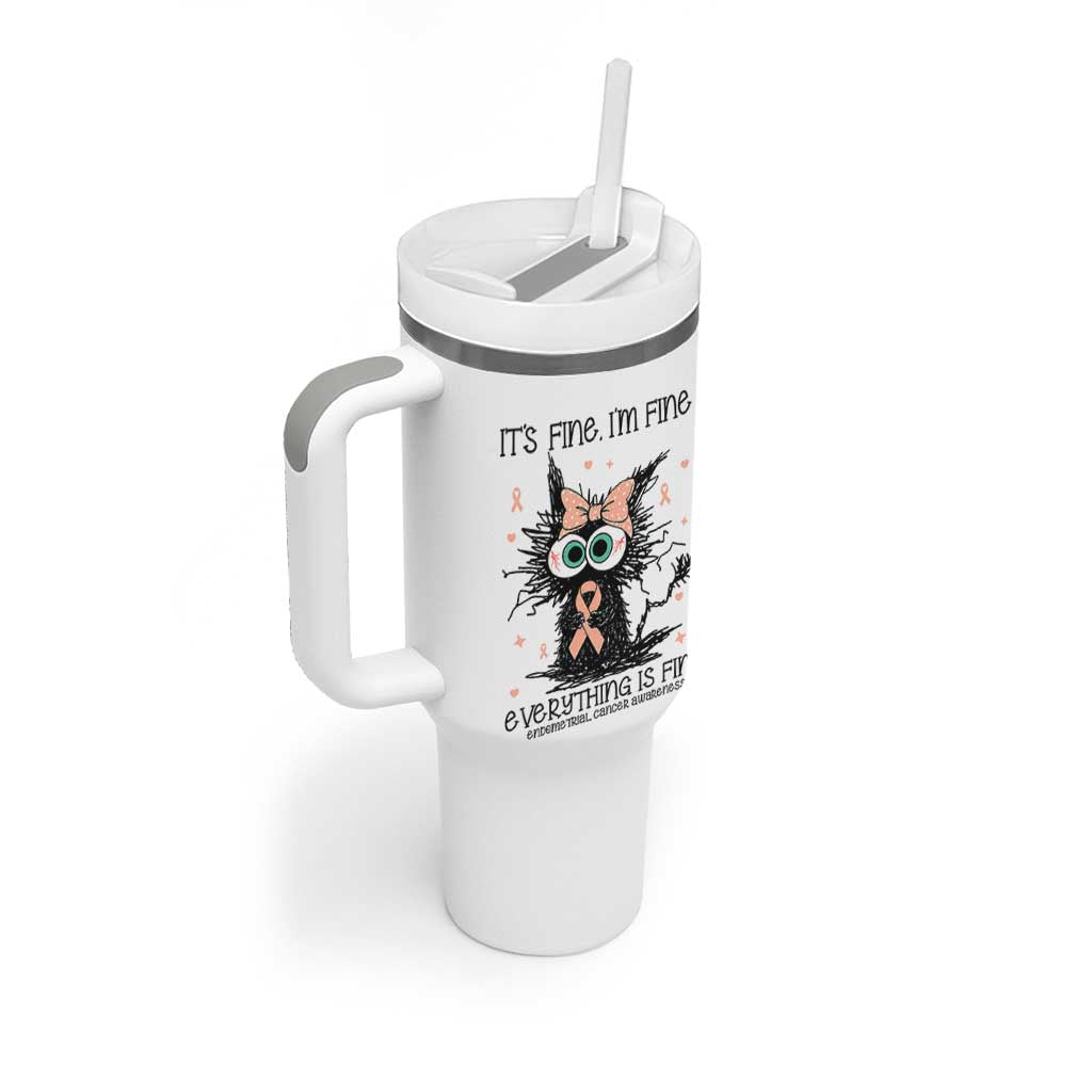 Funny Black Cat Endometrial Cancer Awareness Tumbler With Handle Its Fine Im Fine Everything Is Fine