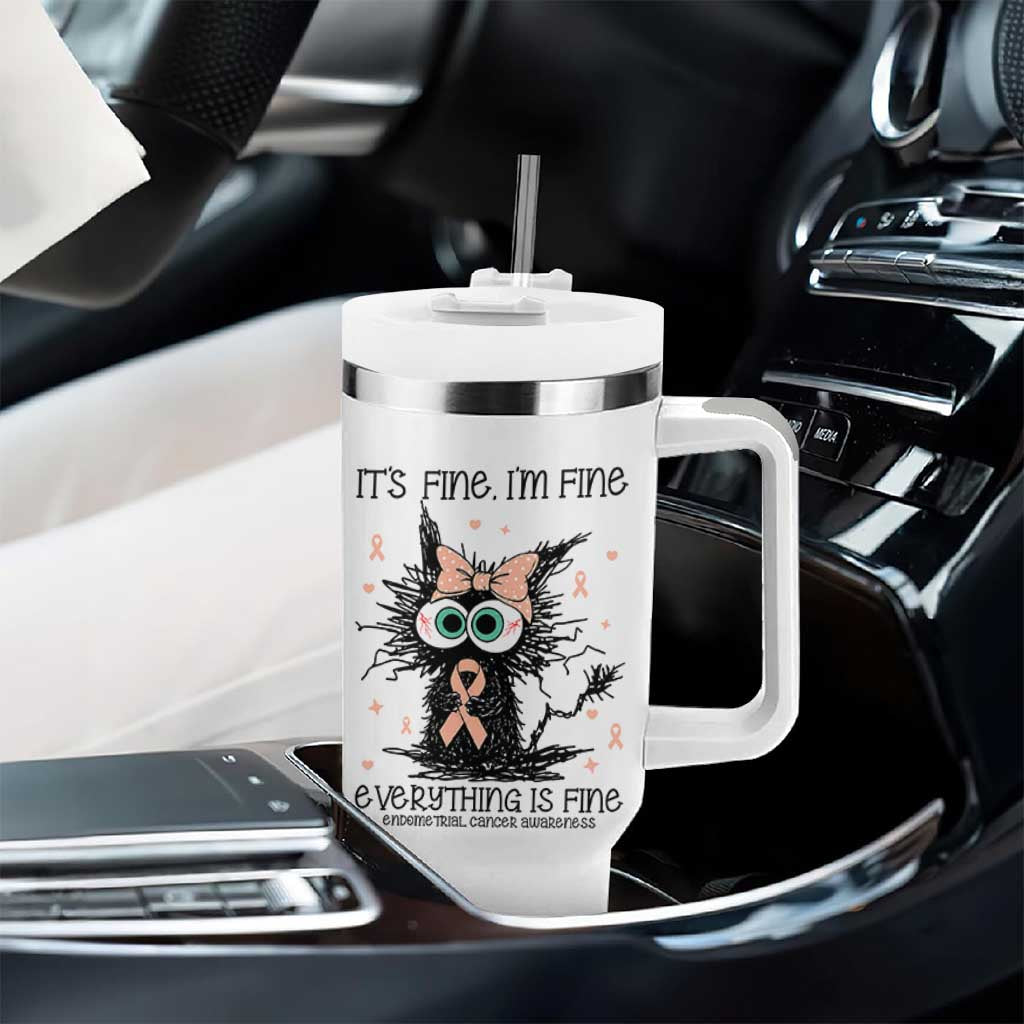 Funny Black Cat Endometrial Cancer Awareness Tumbler With Handle Its Fine Im Fine Everything Is Fine