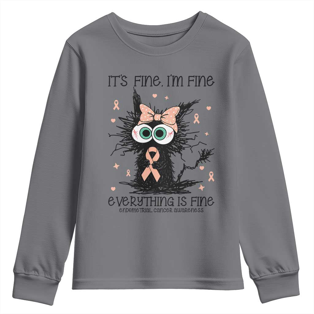 Funny Black Cat Endometrial Cancer Awareness Youth Sweatshirt Its Fine Im Fine Everything Is Fine