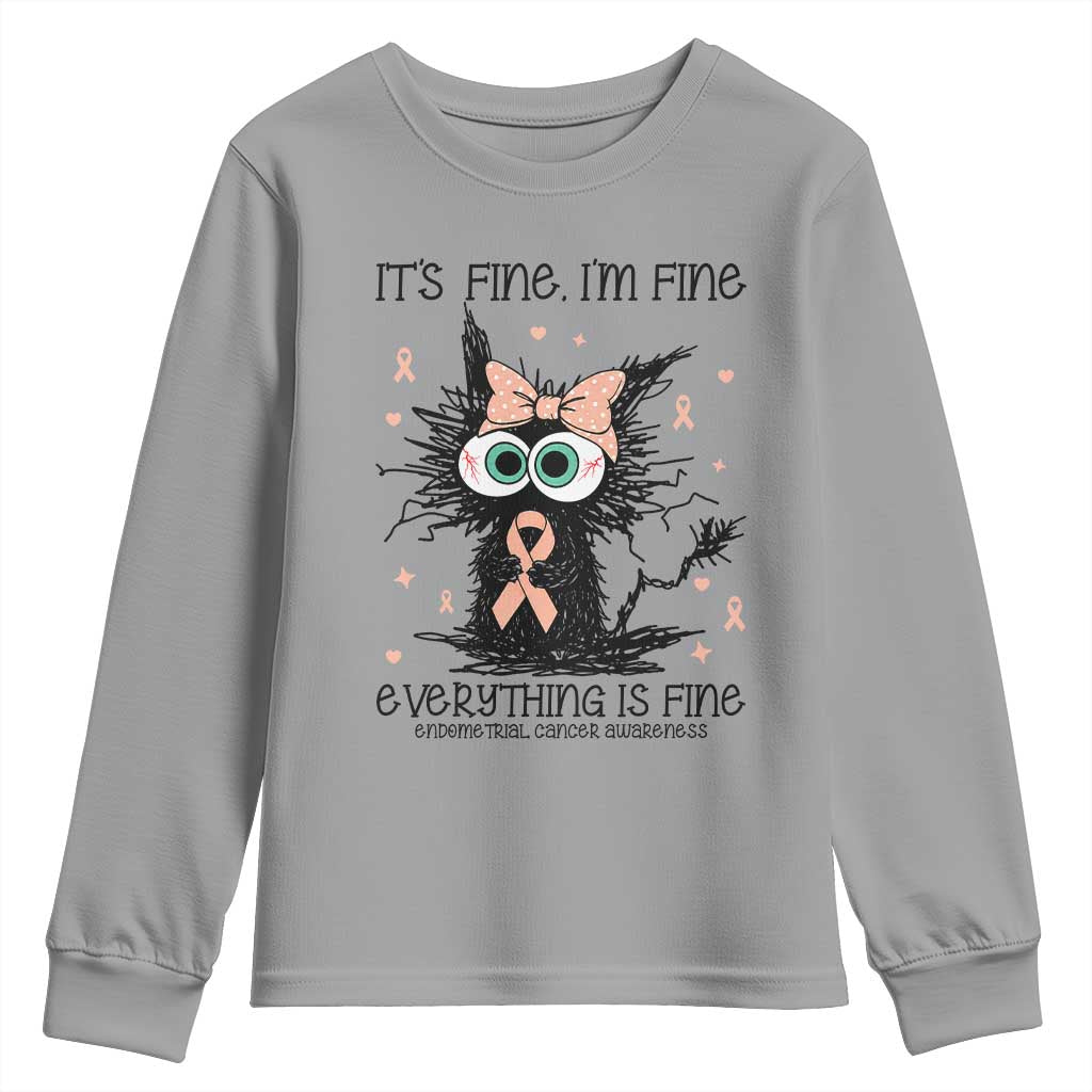 Funny Black Cat Endometrial Cancer Awareness Youth Sweatshirt Its Fine Im Fine Everything Is Fine