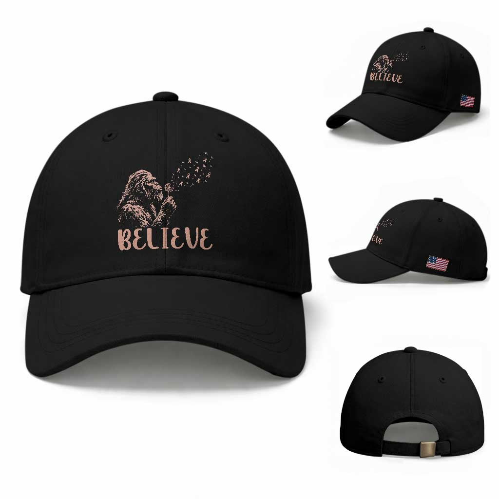 Funny Bigfoot Blowing Dandelion Flower Graphic Baseball Cap Believe Endometrial Cancer Awareness