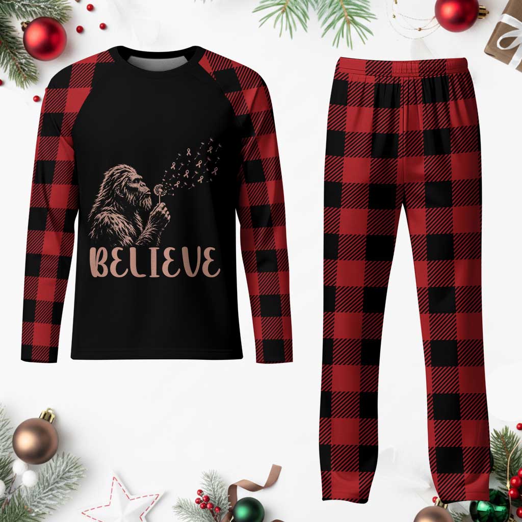 Funny Bigfoot Blowing Dandelion Flower Graphic Plaid Pajama Set Believe Endometrial Cancer Awareness