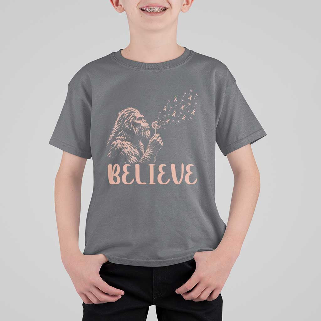 Funny Bigfoot Blowing Dandelion Flower Graphic T Shirt For Kid Believe Endometrial Cancer Awareness