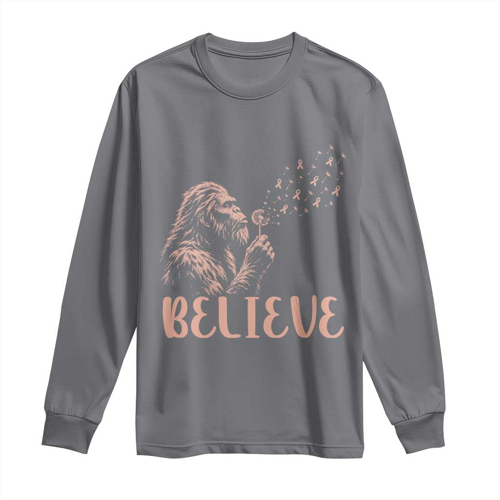 Funny Bigfoot Blowing Dandelion Flower Graphic Long Sleeve Shirt Believe Endometrial Cancer Awareness