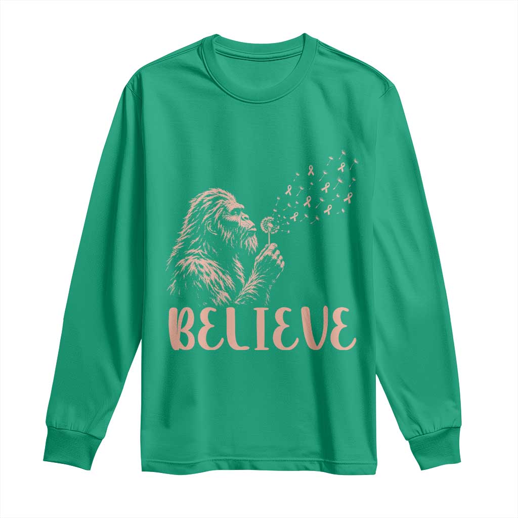 Funny Bigfoot Blowing Dandelion Flower Graphic Long Sleeve Shirt Believe Endometrial Cancer Awareness