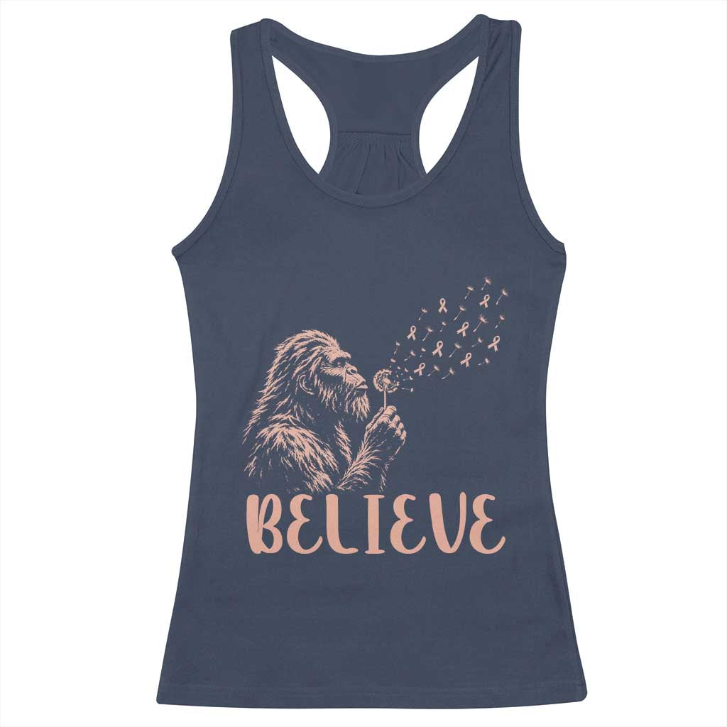 Funny Bigfoot Blowing Dandelion Flower Graphic Racerback Tank Top Believe Endometrial Cancer Awareness