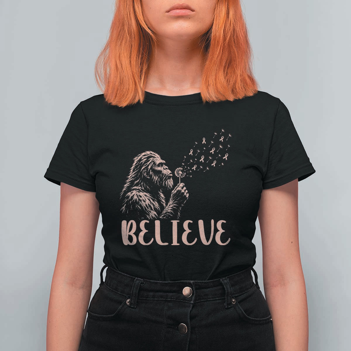 Funny Bigfoot Blowing Dandelion Flower Graphic T Shirt For Women Believe Endometrial Cancer Awareness