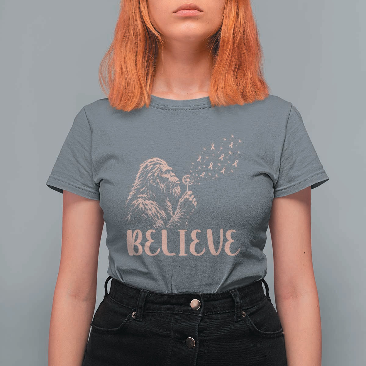 Funny Bigfoot Blowing Dandelion Flower Graphic T Shirt For Women Believe Endometrial Cancer Awareness
