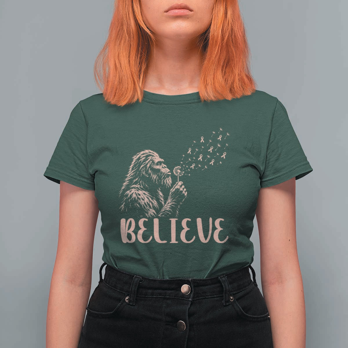 Funny Bigfoot Blowing Dandelion Flower Graphic T Shirt For Women Believe Endometrial Cancer Awareness