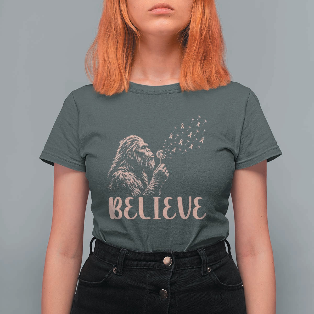 Funny Bigfoot Blowing Dandelion Flower Graphic T Shirt For Women Believe Endometrial Cancer Awareness