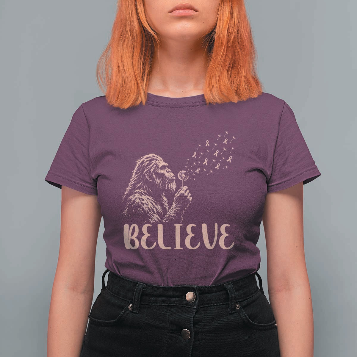 Funny Bigfoot Blowing Dandelion Flower Graphic T Shirt For Women Believe Endometrial Cancer Awareness