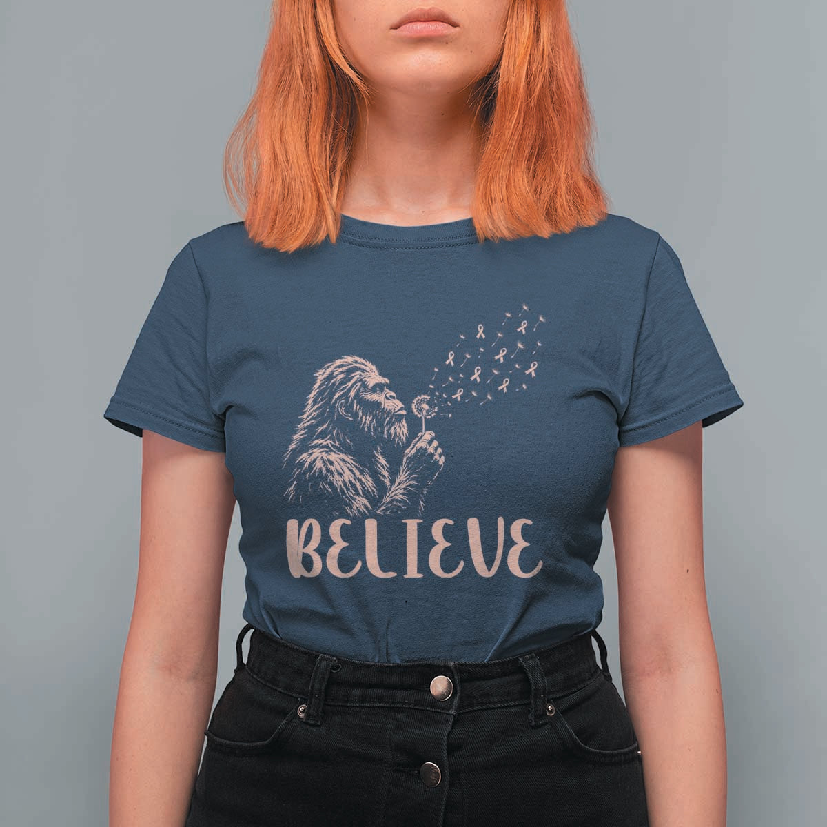 Funny Bigfoot Blowing Dandelion Flower Graphic T Shirt For Women Believe Endometrial Cancer Awareness