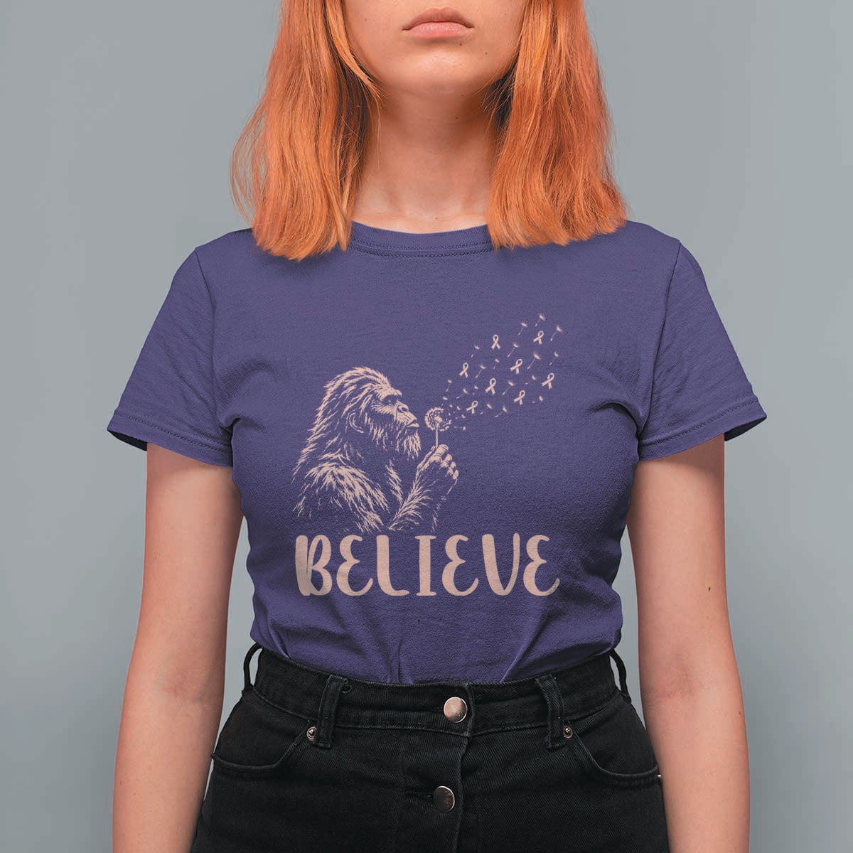 Funny Bigfoot Blowing Dandelion Flower Graphic T Shirt For Women Believe Endometrial Cancer Awareness