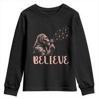 Funny Bigfoot Blowing Dandelion Flower Graphic Youth Sweatshirt Believe Endometrial Cancer Awareness