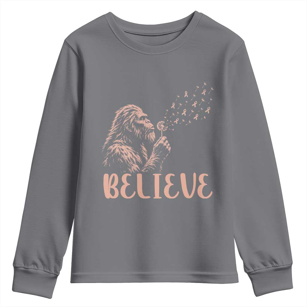 Funny Bigfoot Blowing Dandelion Flower Graphic Youth Sweatshirt Believe Endometrial Cancer Awareness