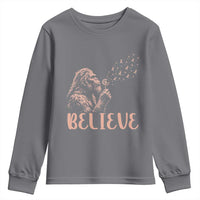 Funny Bigfoot Blowing Dandelion Flower Graphic Youth Sweatshirt Believe Endometrial Cancer Awareness