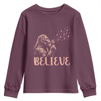 Funny Bigfoot Blowing Dandelion Flower Graphic Youth Sweatshirt Believe Endometrial Cancer Awareness