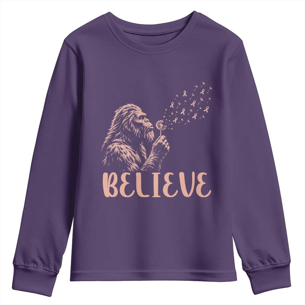 Funny Bigfoot Blowing Dandelion Flower Graphic Youth Sweatshirt Believe Endometrial Cancer Awareness