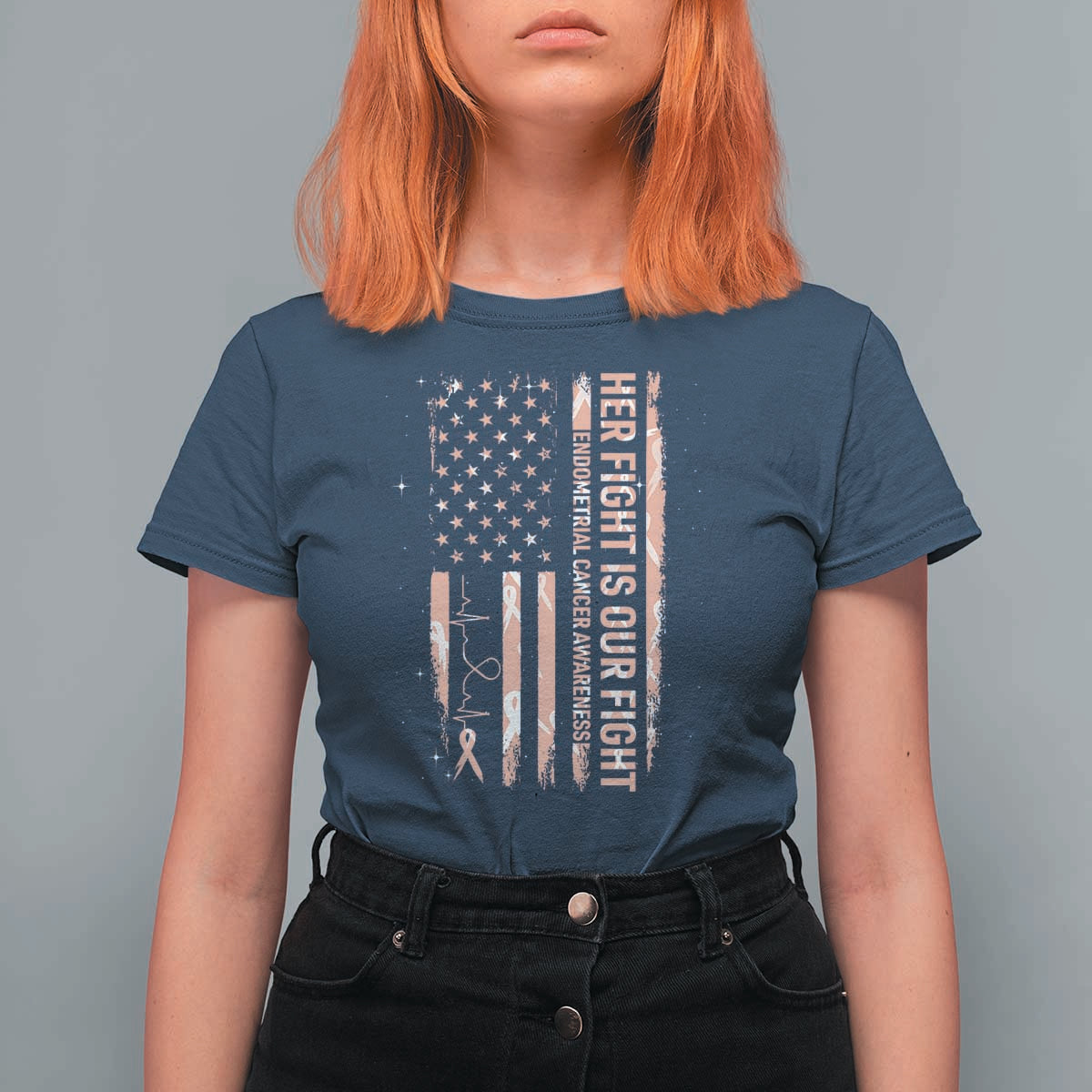 Patriotic Endometrial Cancer Awareness T Shirt For Women Her Fight Our Fight