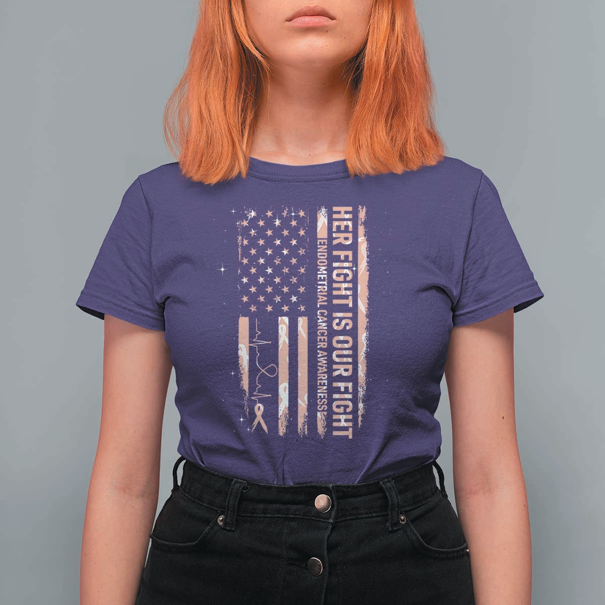 Patriotic Endometrial Cancer Awareness T Shirt For Women Her Fight Our Fight