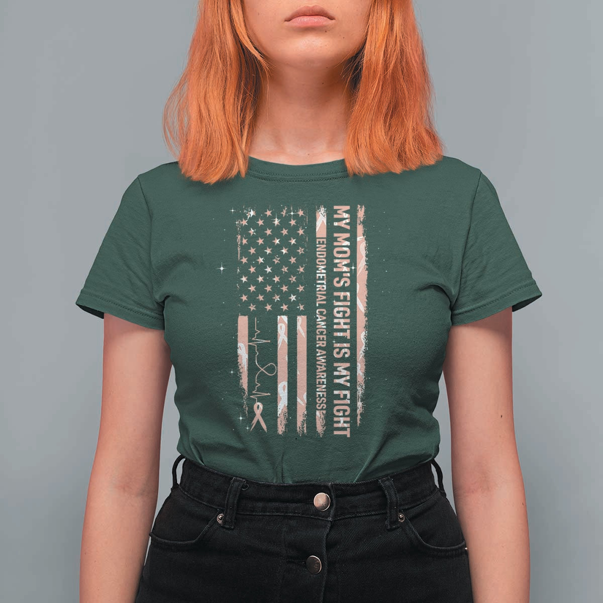 American Flag Endometrial Cancer Support T Shirt For Women My Moms Fight My Fight