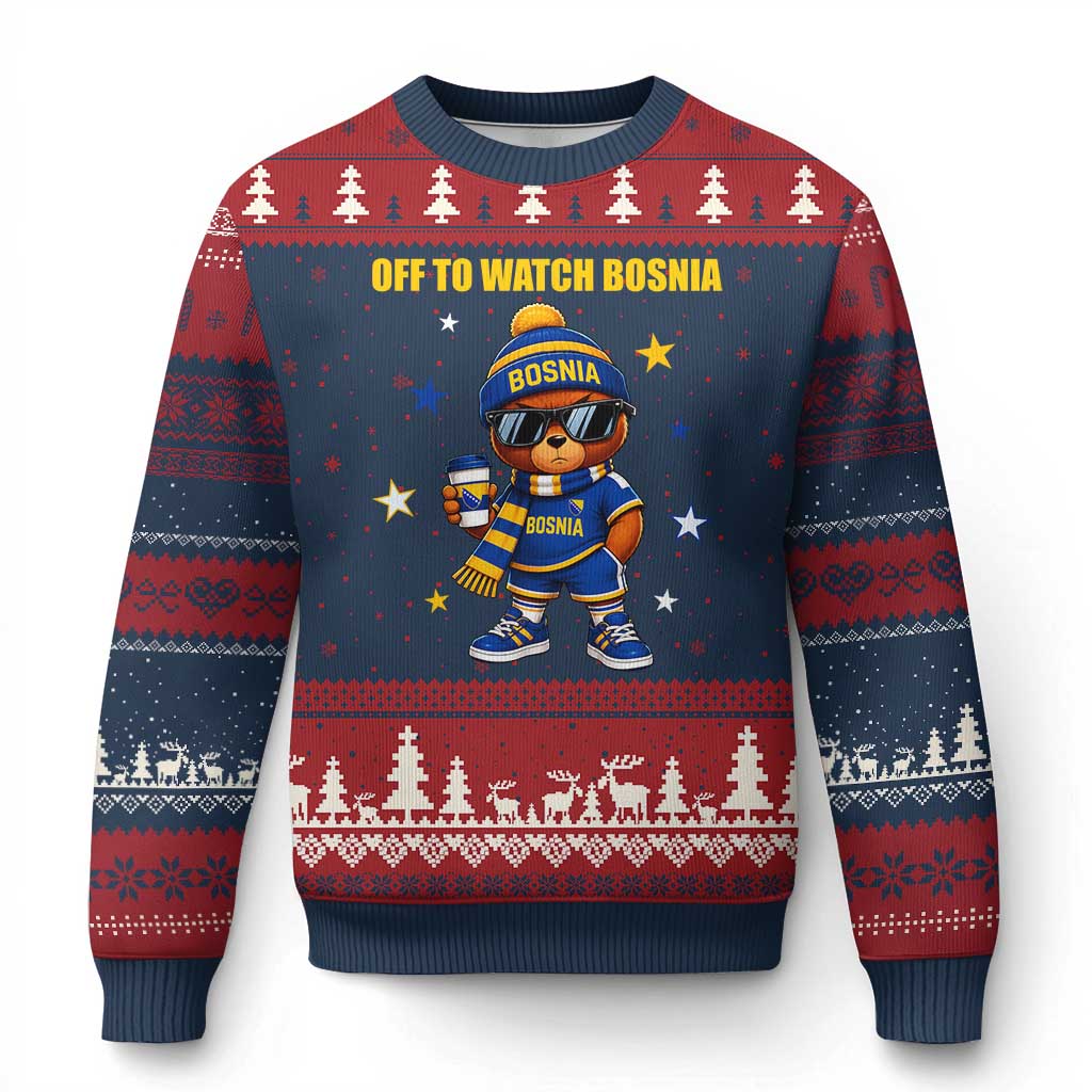 Bosnian Teddy Bear Fudbal Fan Ugly Christmas Sweater Off To Watch Bosnia