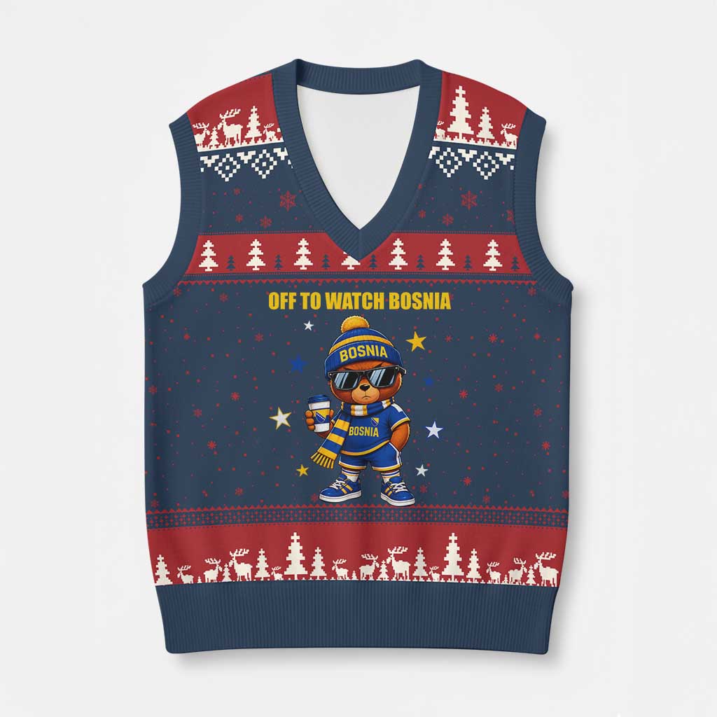 Bosnian Teddy Bear Fudbal Fan V-Neck Knit Sweater Vest Off To Watch Bosnia