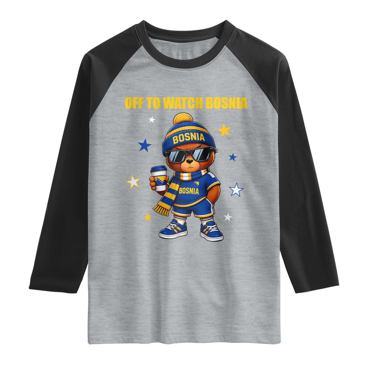 Bosnian Teddy Bear Fudbal Fan Raglan Shirt Off To Watch Bosnia