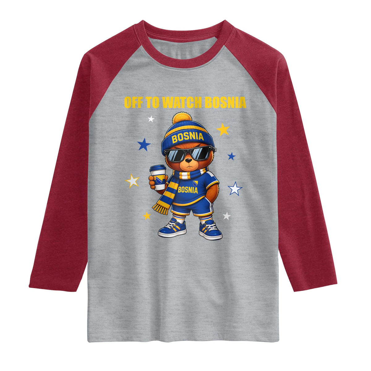 Bosnian Teddy Bear Fudbal Fan Raglan Shirt Off To Watch Bosnia