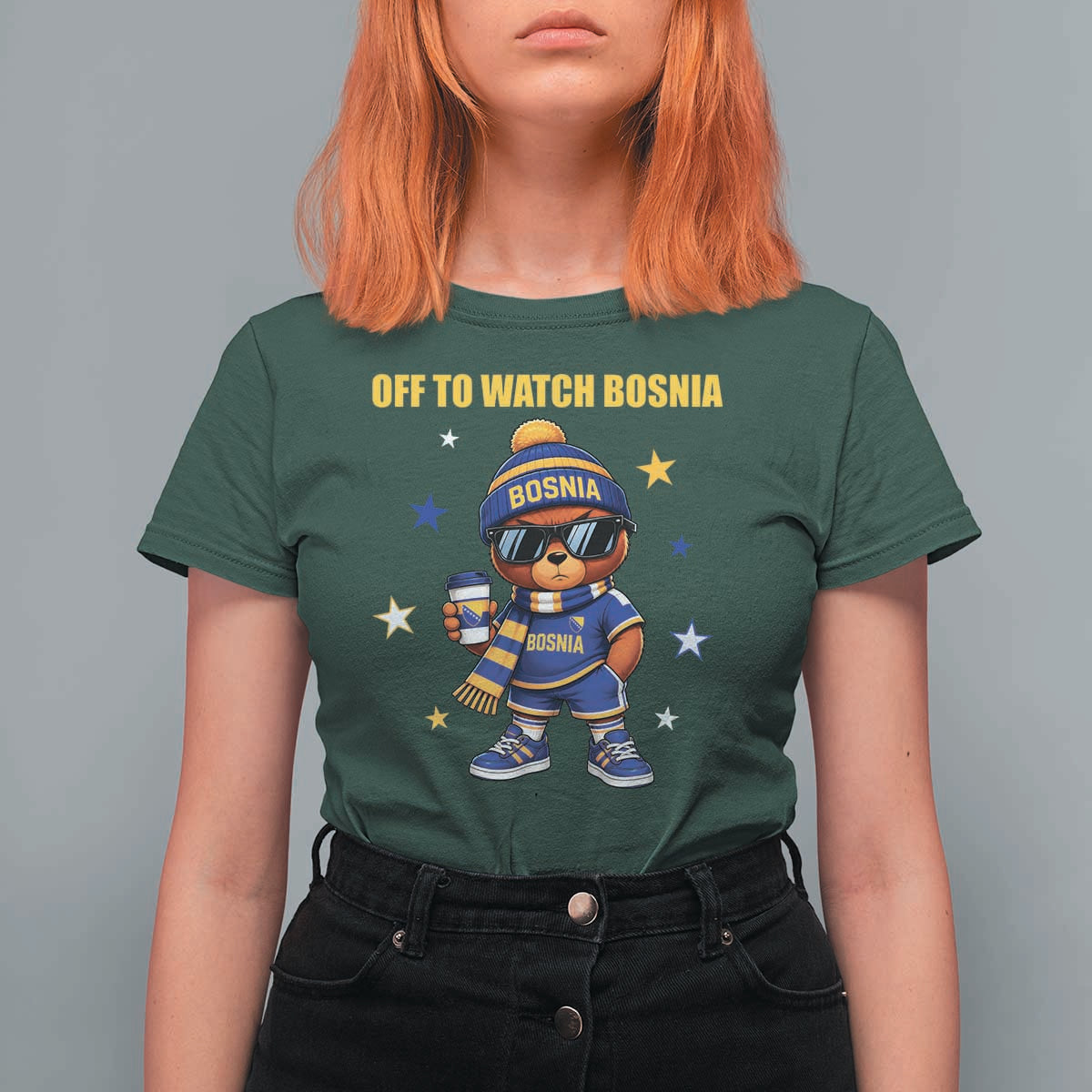 Bosnian Teddy Bear Fudbal Fan T Shirt For Women Off To Watch Bosnia