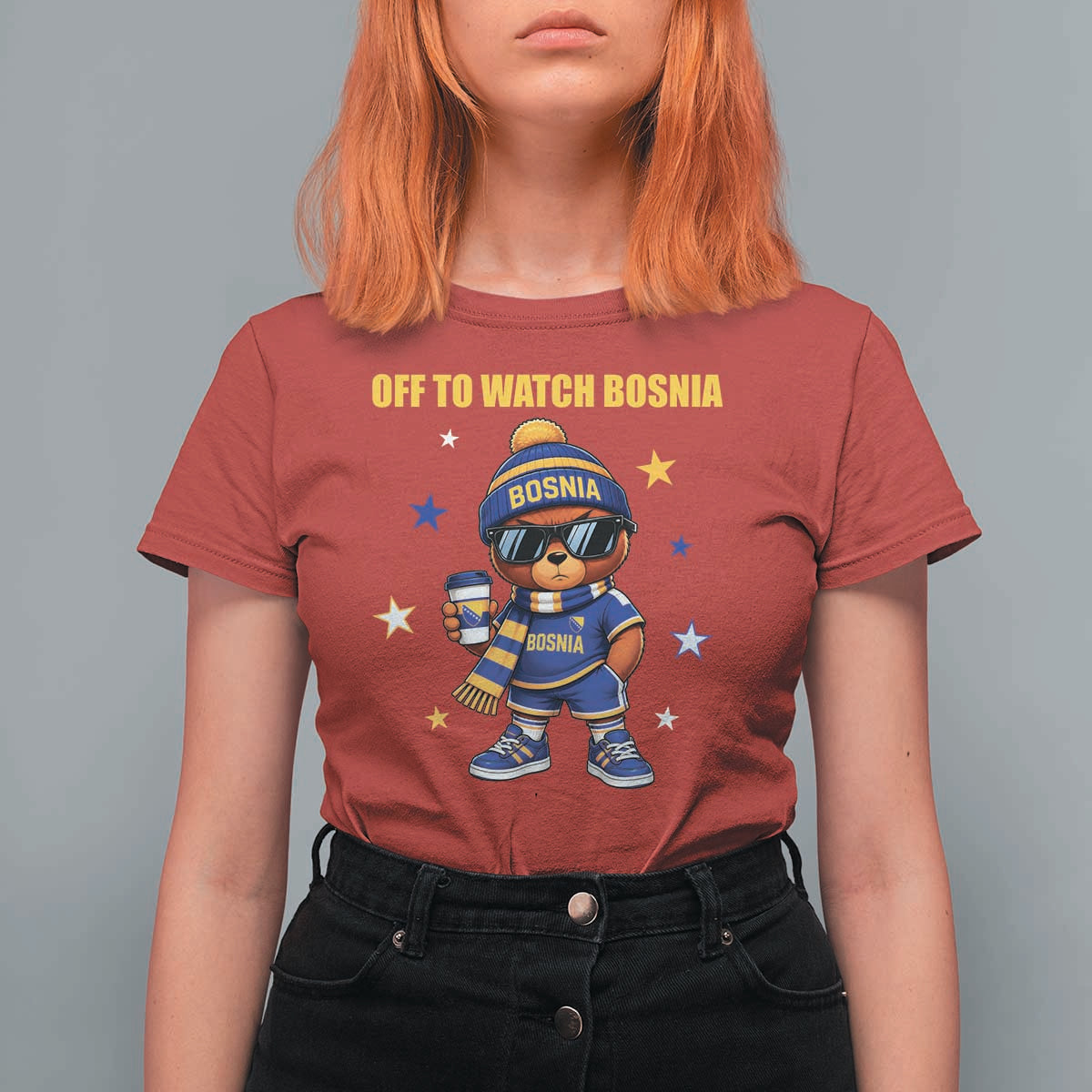 Bosnian Teddy Bear Fudbal Fan T Shirt For Women Off To Watch Bosnia