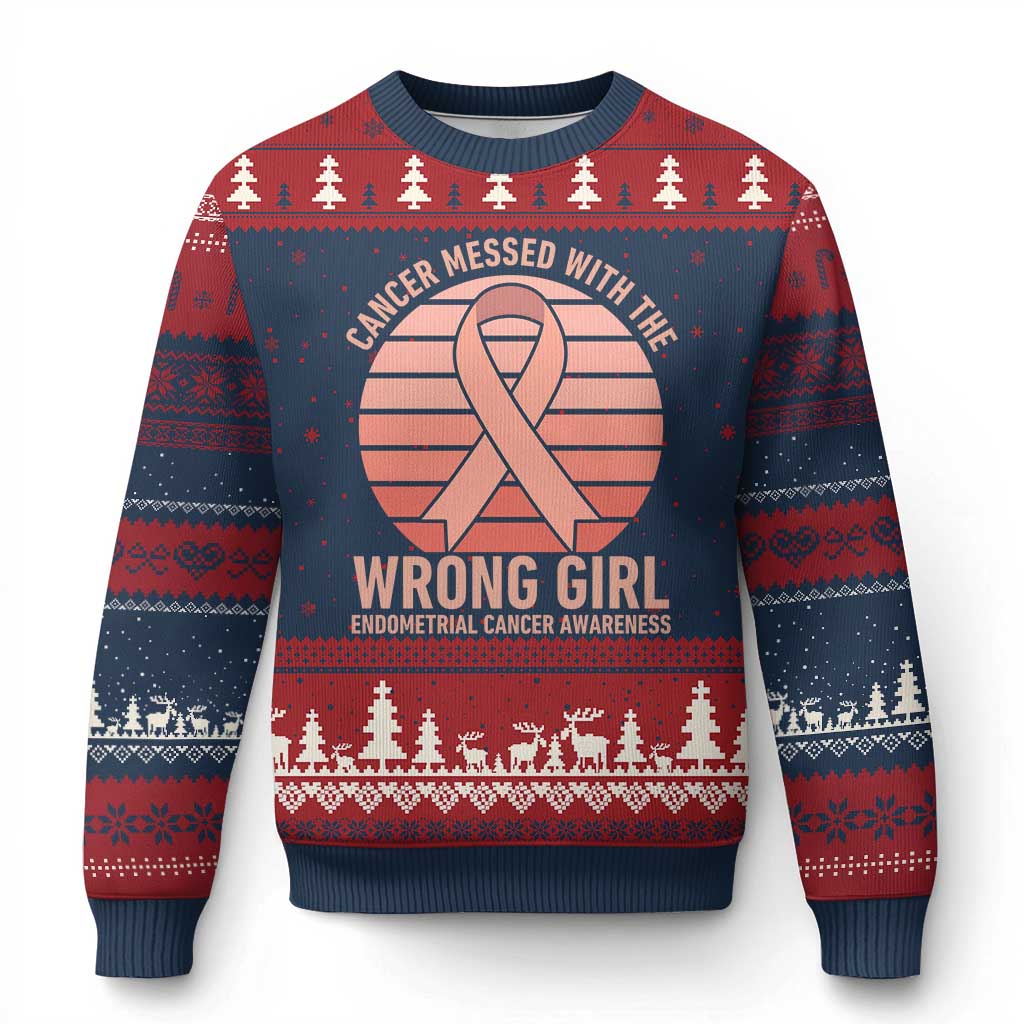 Cancer Messed With The Wrong Girl Ugly Christmas Sweater Endometrial Cancer Warrior