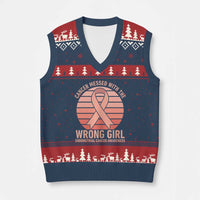Cancer Messed With The Wrong Girl V-Neck Knit Sweater Vest Endometrial Cancer Warrior
