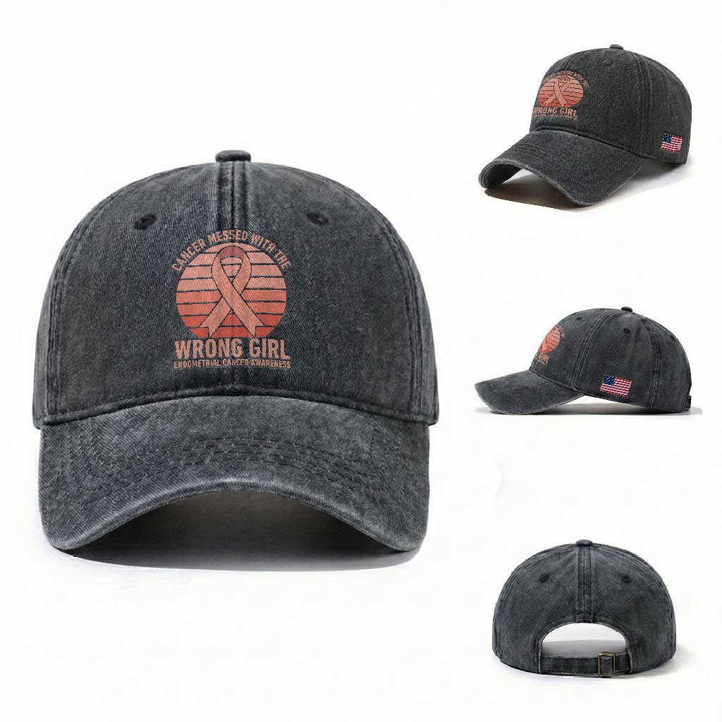 Cancer Messed With The Wrong Girl Washed Cotton Baseball Cap Endometrial Cancer Warrior