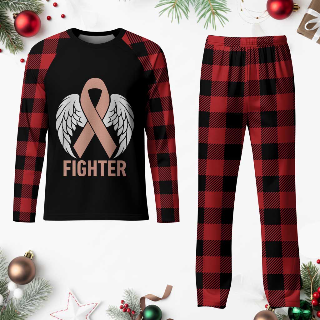 Endometrial Cancer Fighter Plaid Pajama Set Peach Ribbon Angel Wings Survivor