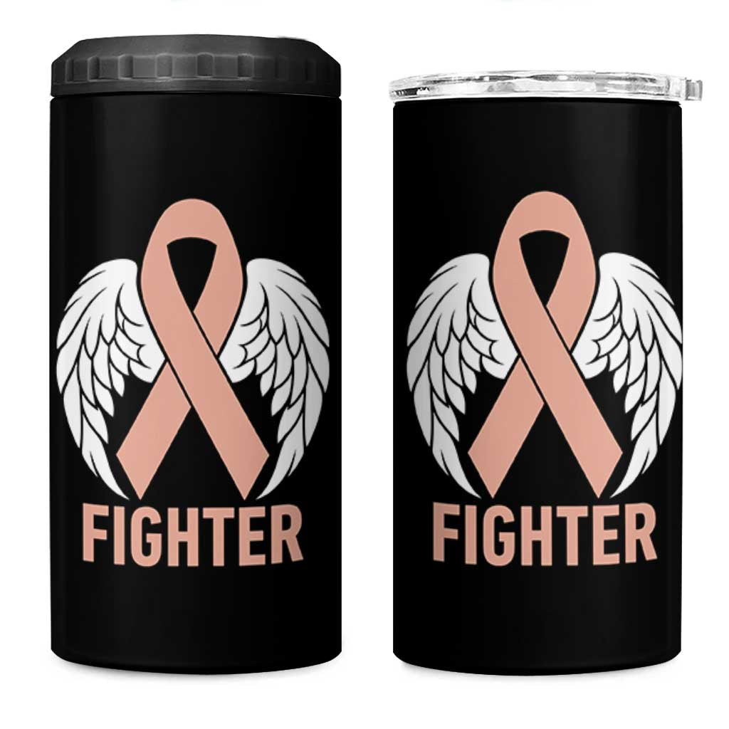 Endometrial Cancer Fighter 4 in 1 Can Cooler Tumbler Peach Ribbon Angel Wings Survivor