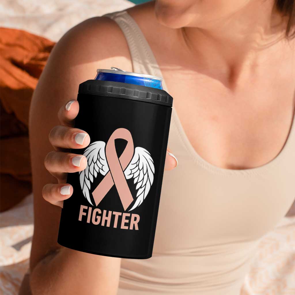 Endometrial Cancer Fighter 4 in 1 Can Cooler Tumbler Peach Ribbon Angel Wings Survivor