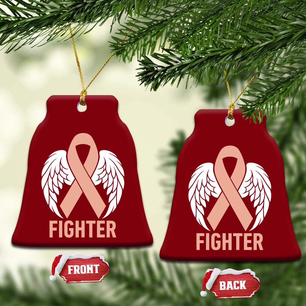 Endometrial Cancer Fighter Ceramic Ornament Peach Ribbon Angel Wings Survivor