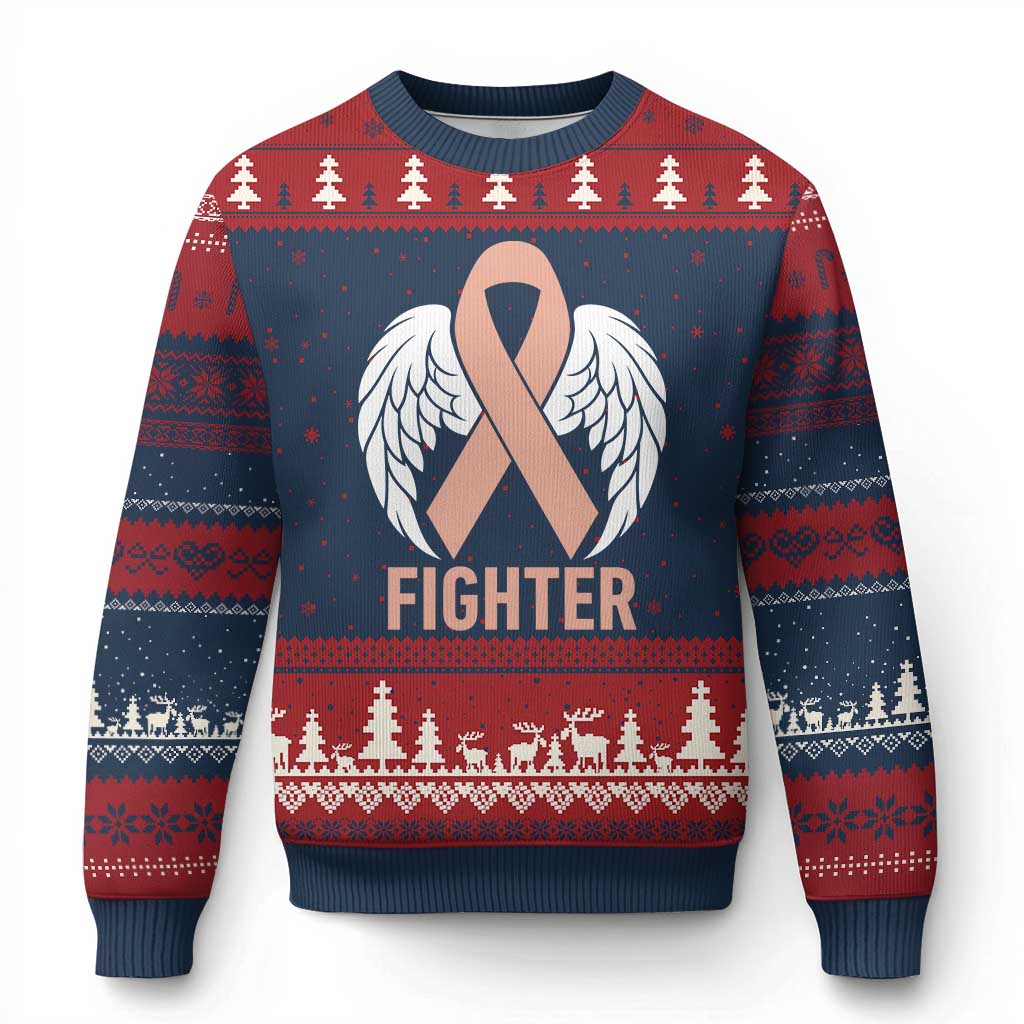 Endometrial Cancer Fighter Ugly Christmas Sweater Peach Ribbon Angel Wings Survivor