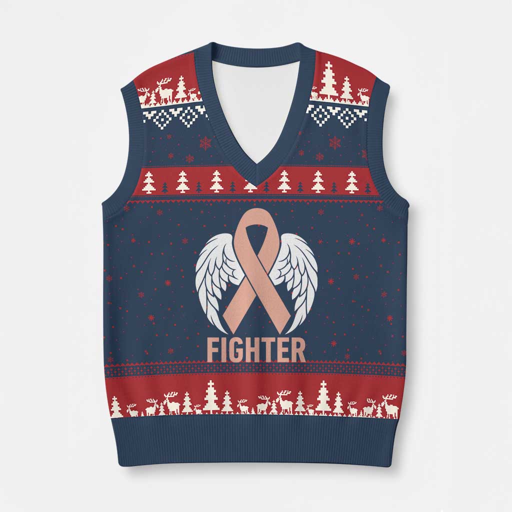 Endometrial Cancer Fighter V-Neck Knit Sweater Vest Peach Ribbon Angel Wings Survivor